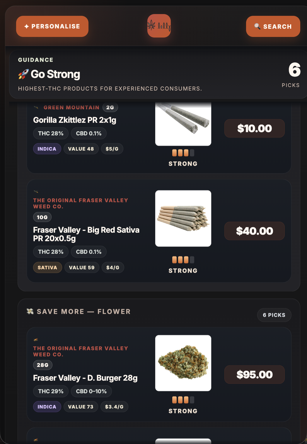 Middle screen — Personalise, Search, guidance